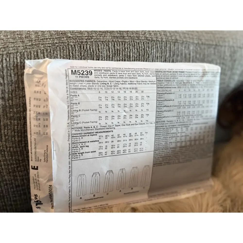 McCalls M5239 Women’s Pants Sewing Pattern Size 8-14 UNCUT Palmer Pletsch